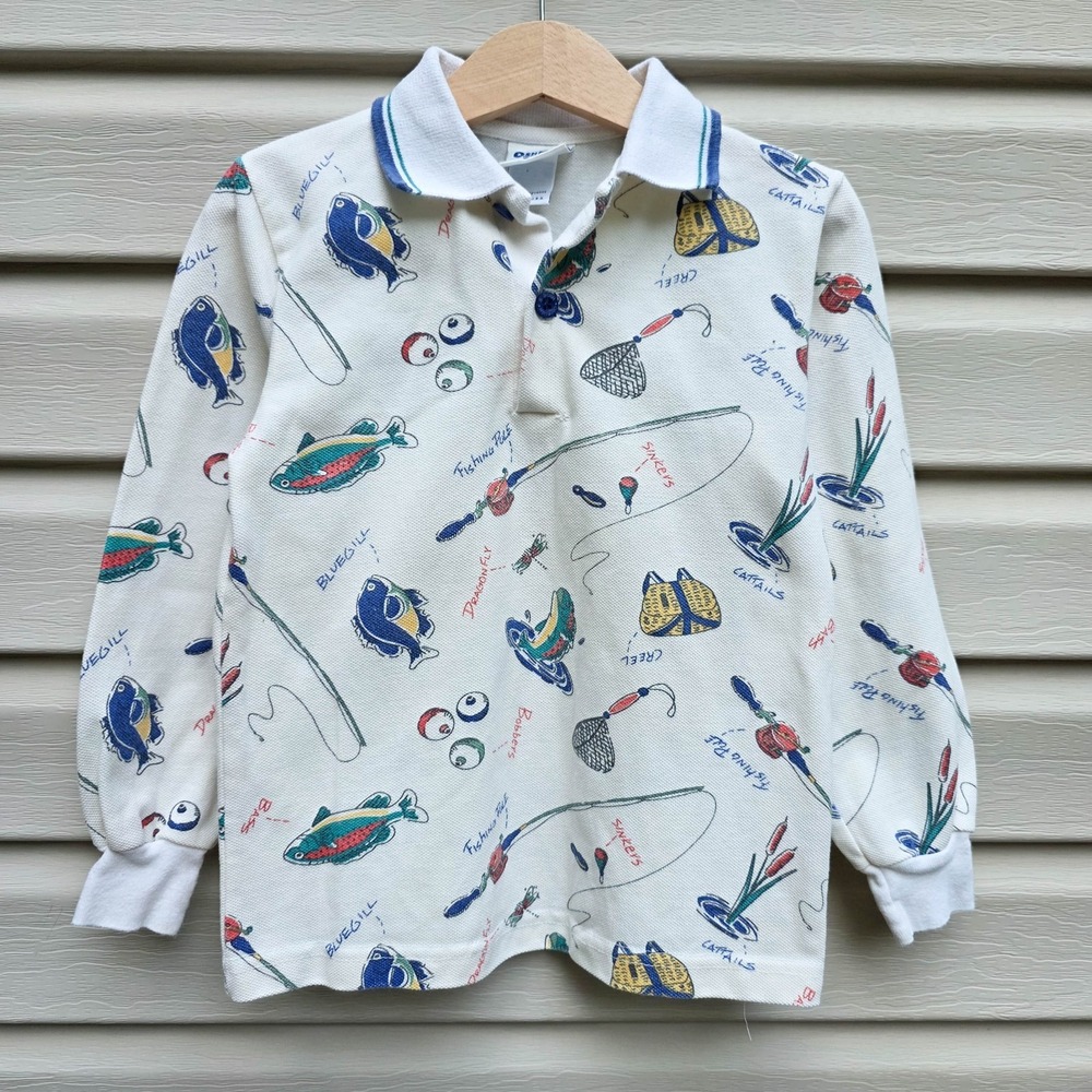 VTG OshKosh B'Gosh Boys 4T Fly Fishing Print Polo Shirt USA 90s Outdoors